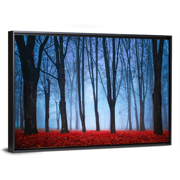 Foggy Autumn Forest with Red Leaves Canvas Wall Art