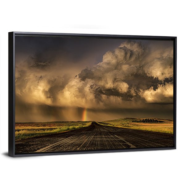 Travel Through South Dakota Border Near Lemmon Town Canvas Wall Art in black, gray and orange, framed canvas, product view on a white background