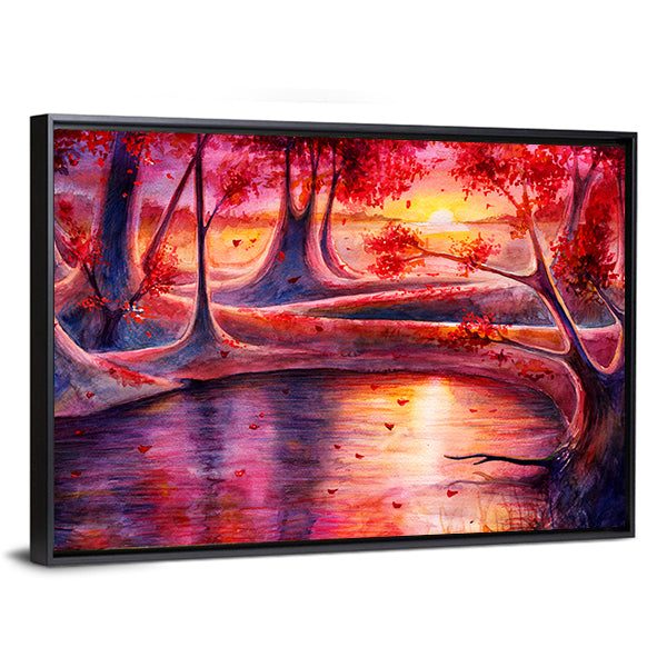 Autumn Lake Forest Watercolor Canvas Wall Art