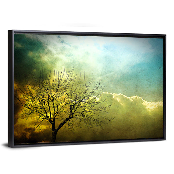 Grunge Leafless Tree with Backlit Clouds Canvas Wall Art