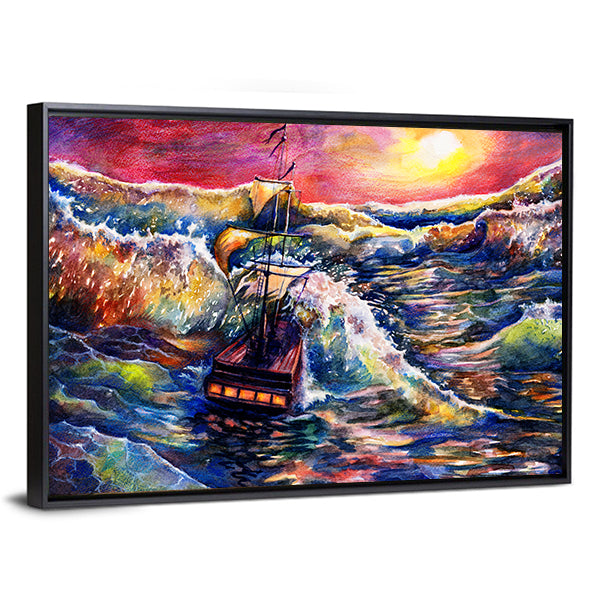 Sunset Sailing Ship in Stormy Sea Canvas Wall Art