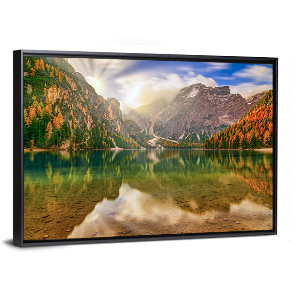 Autumn Reflection at Braies Lake Canvas Wall Art