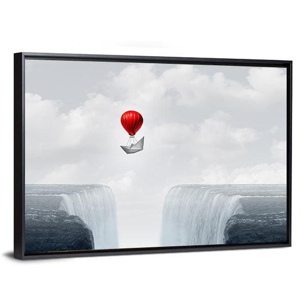 Red Balloon and Paper Boat Above Twin Waterfalls Canvas Wall Art