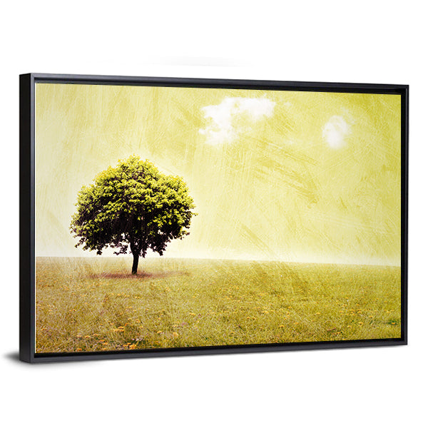 Lone Tree in Yellow Meadow Canvas Wall Art