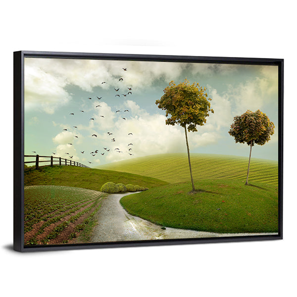 Winding Path Through Surreal Green Hills Canvas Wall Art