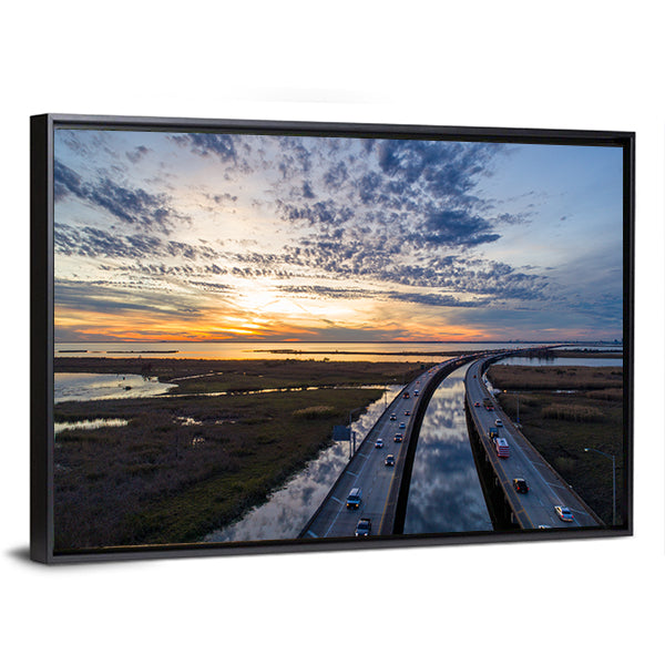 Sunset Over Highway Bridge Canvas Wall Art