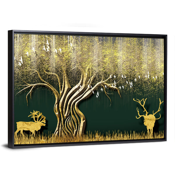 Abstract Golden Tree and Deer Silhouettes Canvas Wall Art