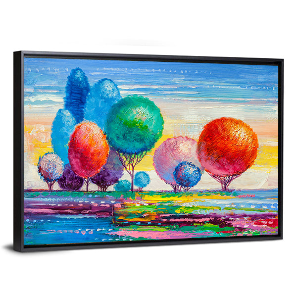 Colorful Autumn Meadow with Stylized Trees Canvas Wall Art