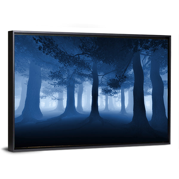 Dark Blue Forest With A Ray Of Light Canvas Wall Art