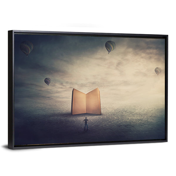 Monolithic Glowing Book Over Parched Desert Canvas Wall Art
