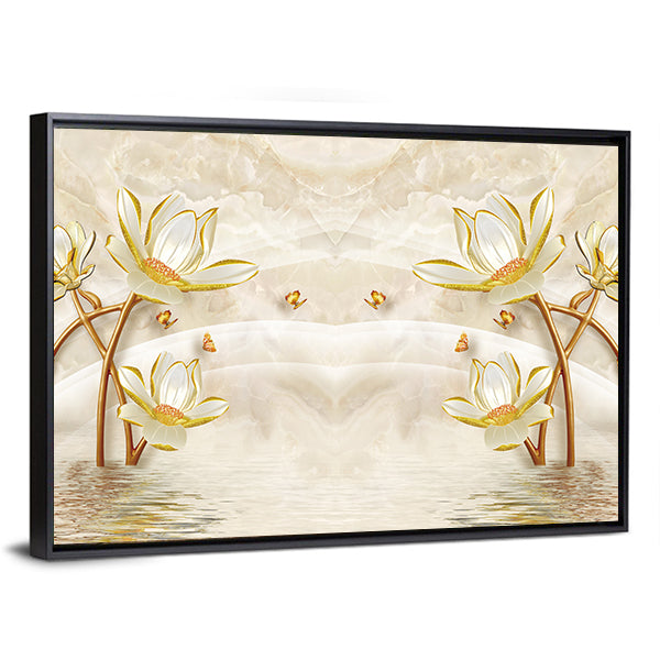 Gold-edged Lotus and Butterflies Illustration Canvas Wall Art