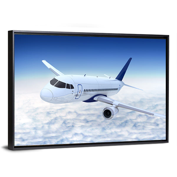 White Jet Banking Above Cumulus Clouds Canvas Wall Art