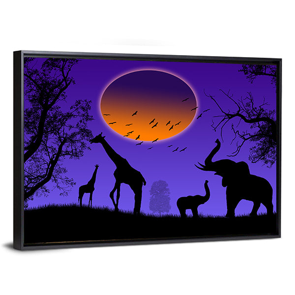 Moonlit Jungle Animal Silhouettes Canvas Wall Art