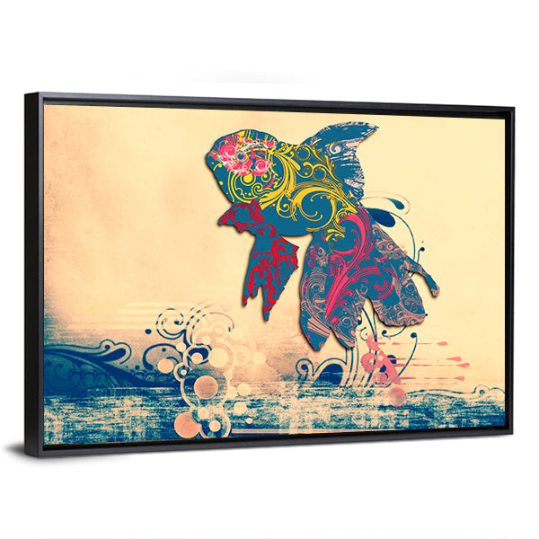 Grunge Goldfish with Ornate Floral Patterns Canvas Wall Art