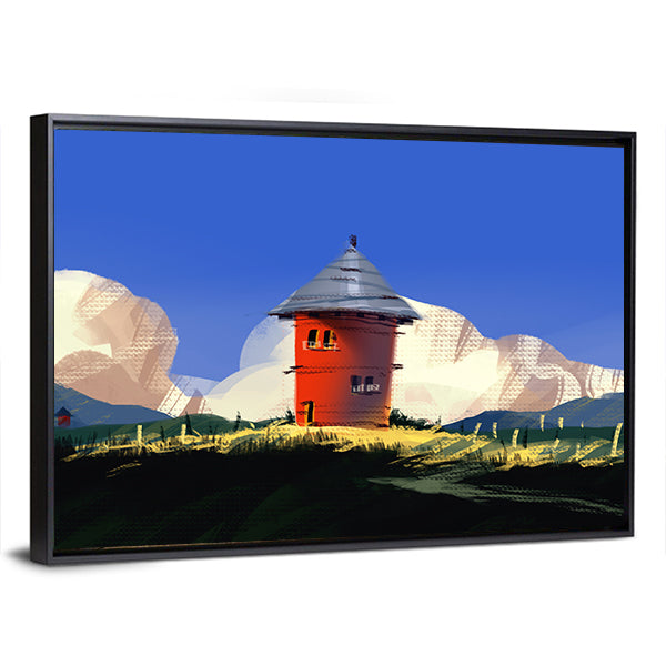 Red Tower on Grassy Hill Canvas Wall Art