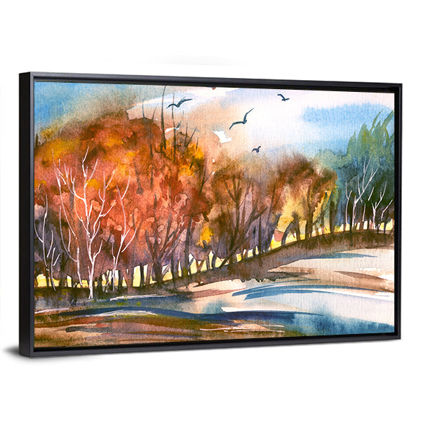 Autumn Lakeside Tree Line Canvas Wall Art