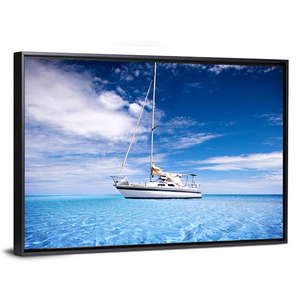 Single-masted White Sailboat on Turquoise Water Canvas Wall Art