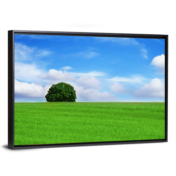 Lone Tree in Vibrant Green Field Canvas Wall Art