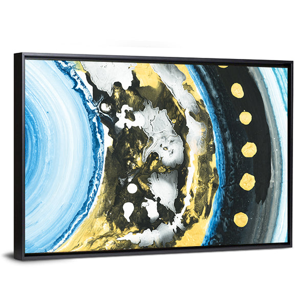 Blue and Black Abstract with Gold Dots Canvas Wall Art