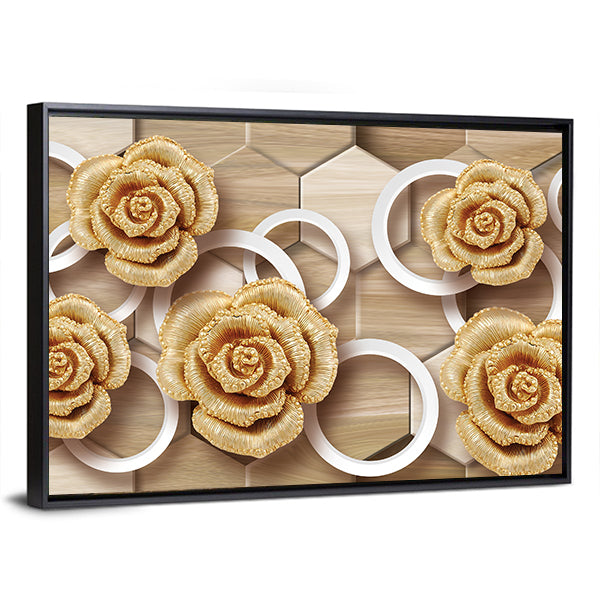 Golden Roses with Floating Rings and Hexagons Canvas Wall Art