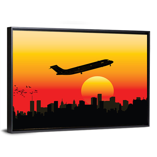 Passenger Jet Silhouette at Sunset Canvas Wall Art