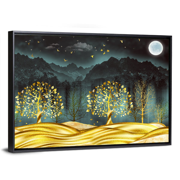 Moonlit Golden Trees Abstract Landscape Canvas Wall Art