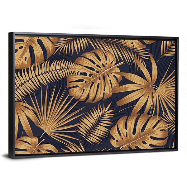 Golden Monstera and Palm Leaves Canvas Wall Art