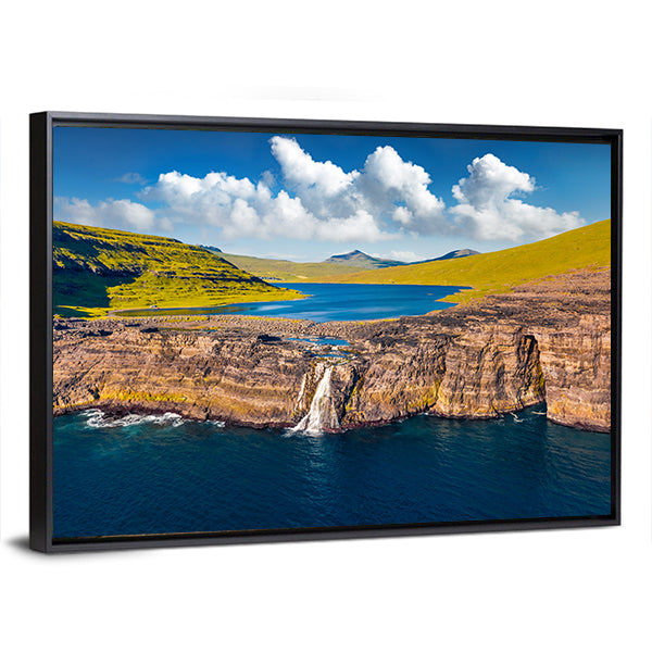 Bosdalafossur Waterfall And Sorvagsvatn Lake In Denmark Canvas Wall Art