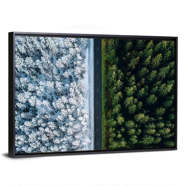 Highway Road Through Forest In Summer And Winter Canvas Wall Art