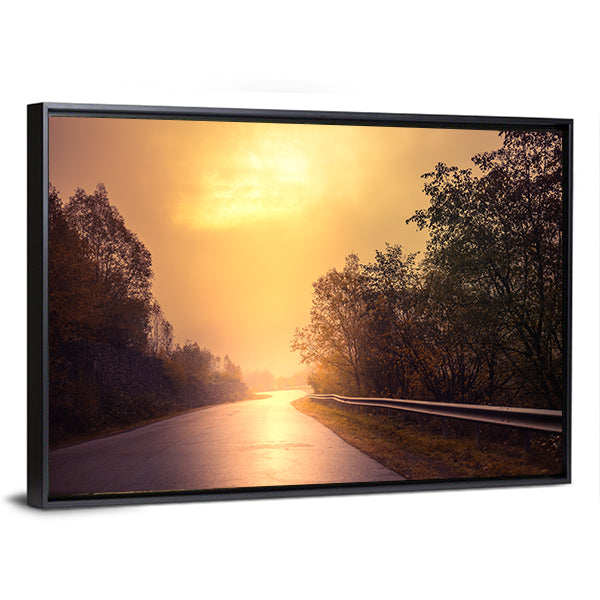 Windy Road Among The Forest At Sunset Canvas Wall Art