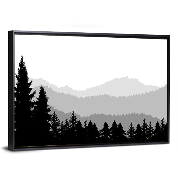 Monochrome Mountain Ranges with Pine Silhouettes Canvas Wall Art