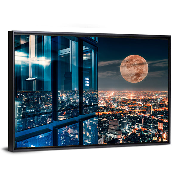 Bangkok Night Skyline with Full Moon Canvas Wall Art