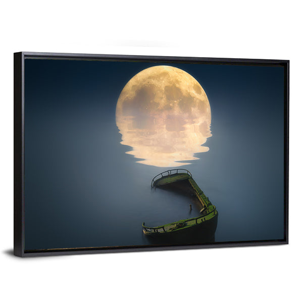 Full Moon Over Broken Ship In Sea Canvas Wall Art