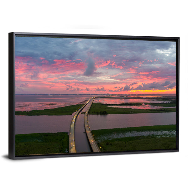 Sunset Over Coastal Bridge Canvas Wall Art