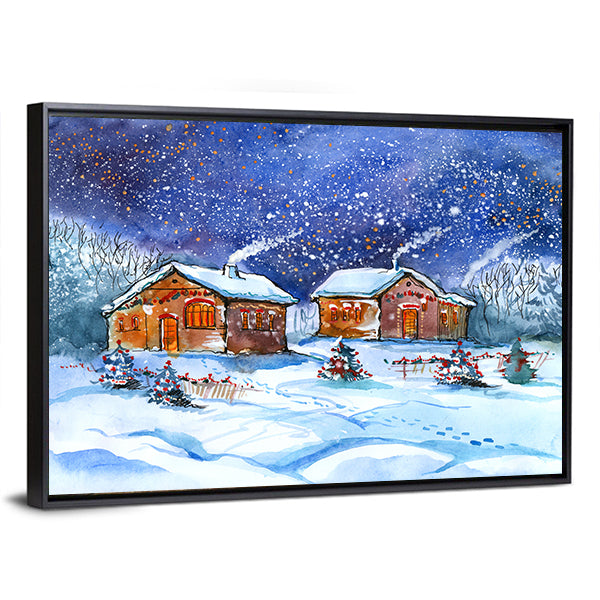 Two Winter Cottages Under Starry Night Canvas Wall Art