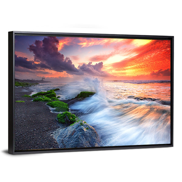 Burning Sky Over Black Sand Beach Canvas Wall Art