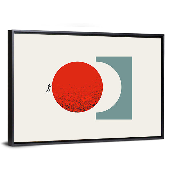 Silhouette Pushing Red Circle Canvas Wall Art