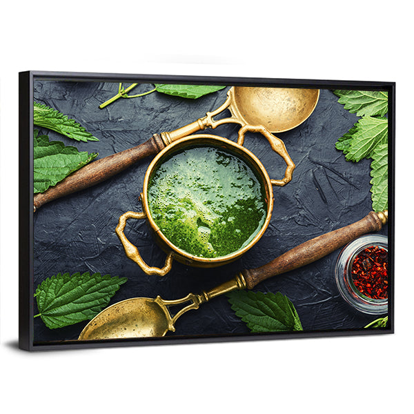Green Nettle Soup in Brass Pot Canvas Wall Art