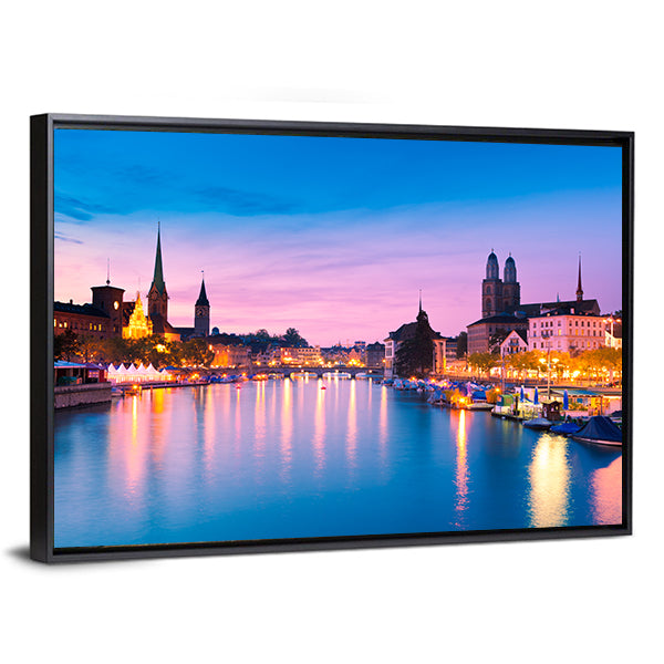 Zurich Skyline At Blue Hour In Switzerland Canvas Wall Art