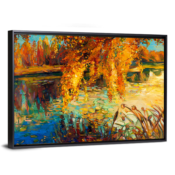 Golden Willow Over Autumn Lake Canvas Wall Art