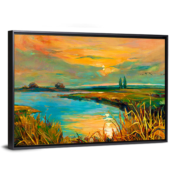 Golden Lakeside Sunset Canvas Wall Art