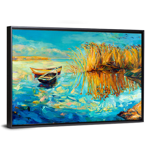 Two Rowboats at Golden Reeds Canvas Wall Art