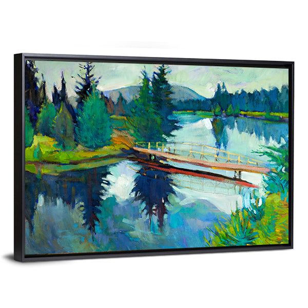 Wooden Bridge Over Reflective River Canvas Wall Art