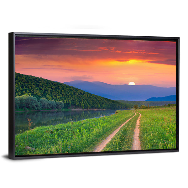 Sunset Meadow with River and Dirt Road Canvas Wall Art