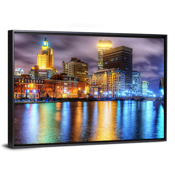 Downtown Providence Skyline with Water Reflections Canvas Wall Art