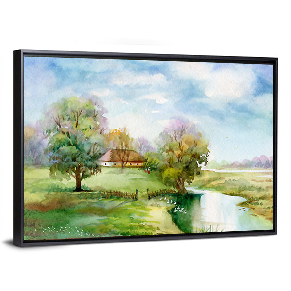 Thatched Cottage Beside Winding River Canvas Wall Art