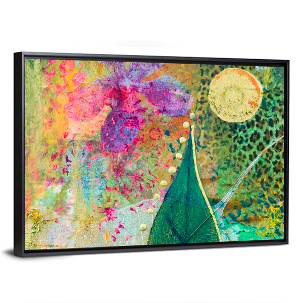 Green Leaf and Purple Orchid Abstract Canvas Wall Art