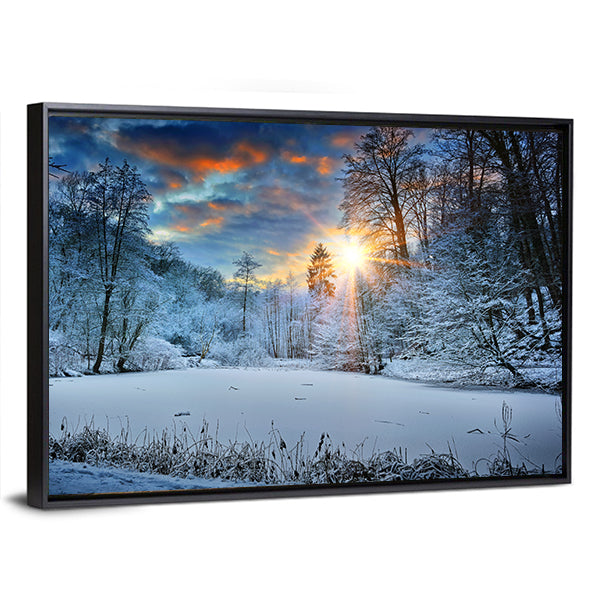 Spectacular Sunset Over Winter Forest Lake Canvas Wall Art