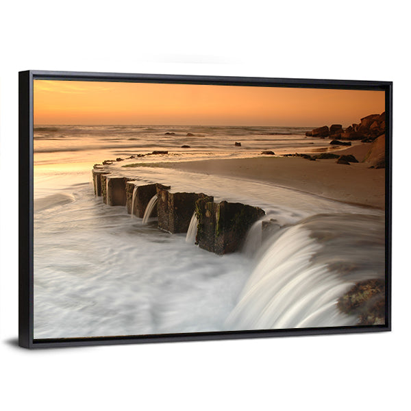 Waterfall By The Sea At Sunset Canvas Wall Art
