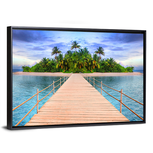 Wooden Pier to Tropical Maldives Island Canvas Wall Art